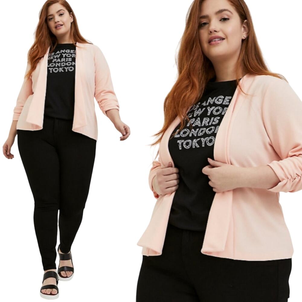 Torrid Blazer Open Front Ruched Sleeve Collarless Pink Light Plus Womens 1X